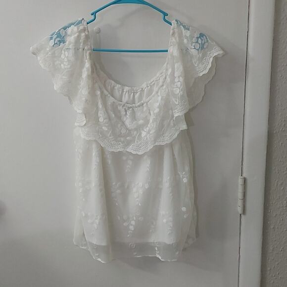 I.N. San Francisco Off Shoulder White Lace Sheer Floral Blouse XL Cottagecore - Picture 4 of 12